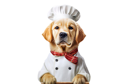 Cute dog Golden retriever Chef with costume ready to cooking for dinner isolated on clear png background, funny moment, pet concept, with Generative Ai.