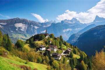 Naklejka na ściany i meble Switzerland nature and travel. Alpine scenery. Scenic traditional mountain village with snow peaks of Alps