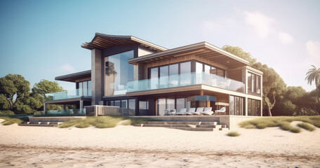 Fototapeta na wymiar the modern house on the beach, generative AI