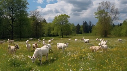 Fototapeta premium goats graze on a farm meadow. Generative AI
