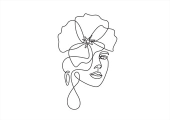 Woman face continuous one line vector drawing. Style templates with abstract female face and poppy flowers. Modern minimalist simple linear style. Beauty fashion design