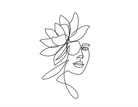 Woman face continuous one line vector drawing. Style templates with abstract female face and lotus. Modern minimalist simple linear style. Beauty fashion design