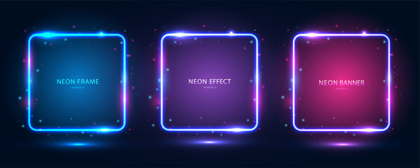 A set of square neon frames with shining effects, highlights on a dark blue background. Futuristic modern neon glowing banners. Vector EPS 10.