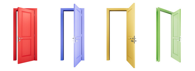 door isolated on white background PNG 3d rendering . red purple yellow green door