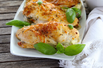  chicken breast stuffed with cheese crusty topping - obrazy, fototapety, plakaty