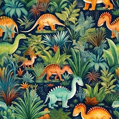 Fotobehang Cartoon dinosaurs seamless repeat pattern, cute adorable dino doodle [Generative AI]  © Roman