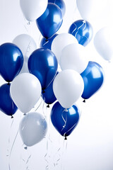 fliegende blaue und weiße Ballons auf hellem Hintergrund. Hochkant. Hochformat. Generative Ai.