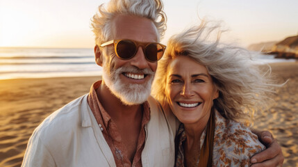 A portrait of an older couple with grey hair having fun and laughing on a beach