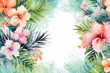 Watercolor tropical background with hibiscus flowers and palm leaves.