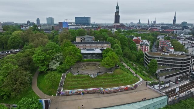 Drone shot of The Stintfang a Observation deck in Hamburg . The Stintfang (historically also called Elbhöhe) on the right (northern) bank of the Elbe in Hamburg. 
