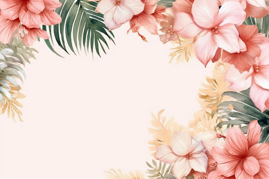 Watercolor tropical background with hibiscus flowers and palm leaves.