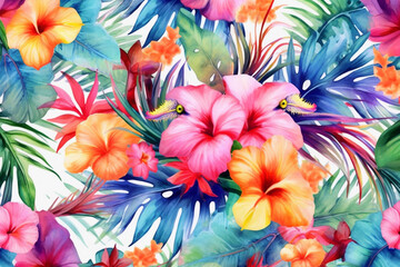 Fototapeta na wymiar Watercolor tropical background with hibiscus flowers and palm leaves.
