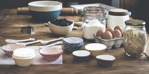 Baking ingredients and prep on the table