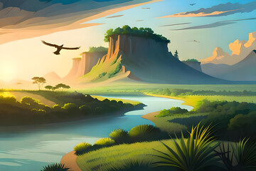 jungle with river and lake, mountains in the background and flying birds