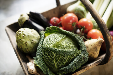 Closeup of various fresh vegetable in wooden basket - Powered by Adobe