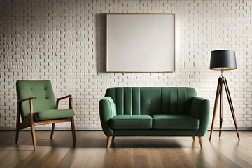  Living room with green armchair on empty dark green wall background. 