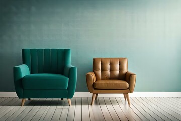  Living room with green armchair on empty dark green wall background. 