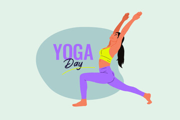 Fototapeta na wymiar Yoga Day text with a woman practicing, posing a yoga pose woman vector illustration for social media post layout