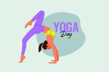 Yoga Day text with a woman practicing, posing a yoga pose woman vector illustration for social media post layout

