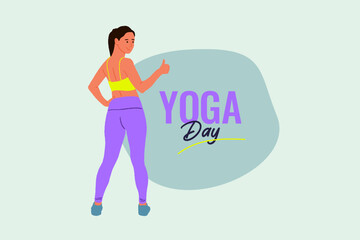 Fototapeta na wymiar Yoga Day text with a woman practicing, posing a yoga pose woman vector illustration for social media post layout