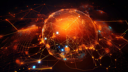 Global Data Web Communication Network in Cyberspace, Orange Tech Background. Generative Ai