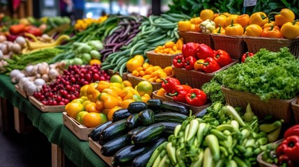 Close-up shot of fresh fruits and vegetables, in a farmers market setting. Generative Ai.