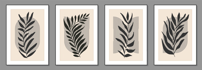 Set of minimalist poster with abstract leaf composition