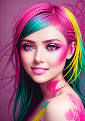 Naklejka premium Beautiful young woman with colorful hair. Portrait of a girl with multicolored hair. Generative AI