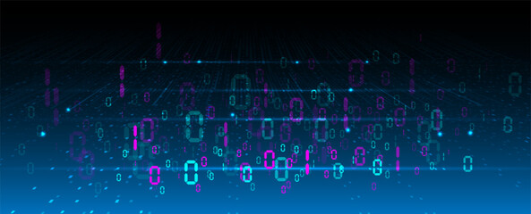 Futuristic perspective grid in digital cyberspace. Flow of binary code