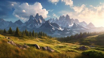 Obraz premium A large beautiful lawn. A majestic mountain range with snow-capped peaks. Meadow on the background of mountains. Generative AI.