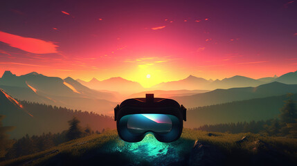 Fototapeta premium Sun setting over virtual reality landscape. Generative Ai . Generative Ai