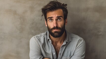 Portrait of a handsome man in casual clothes, isolated on plain background. Generative AI illustration.