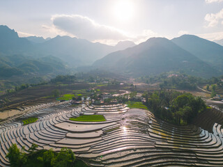 The pouring water season makes the terraced fields of Y Ty commune, Lao Cai province, Vietnam...