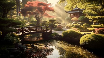 Harmony in Nature: Japanese Garden with Bridge, Lake, and Sunlight