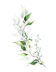 Greenery arrangement watercolor painted. Bouquet with branches, green leaves, forget me not little blue flowers. 