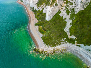 Scenic aerial drone view of Samphire Hoe Country Park cliffs, Dover, south England