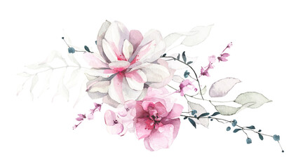 White lotus and pink rose flowers, pale green branches, leaves, blue little twigs. Watercolor floral bouquet.