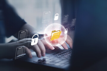 Online document, File Protection, and cyber security. Privacy access to data, document file management in databases with technology
