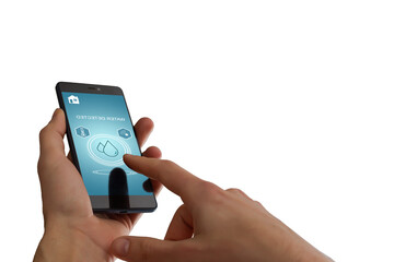 Hand holding smart phone with home control application with water detected, Smart home concept.