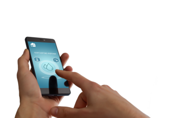 Hand holding smart phone with home control application with water detected, Smart home concept.