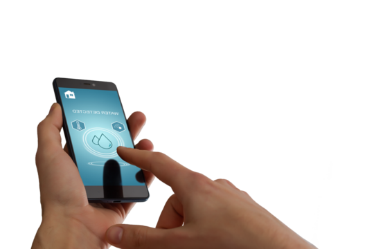 Hand holding smart phone with home control application with water detected, Smart home concept.
