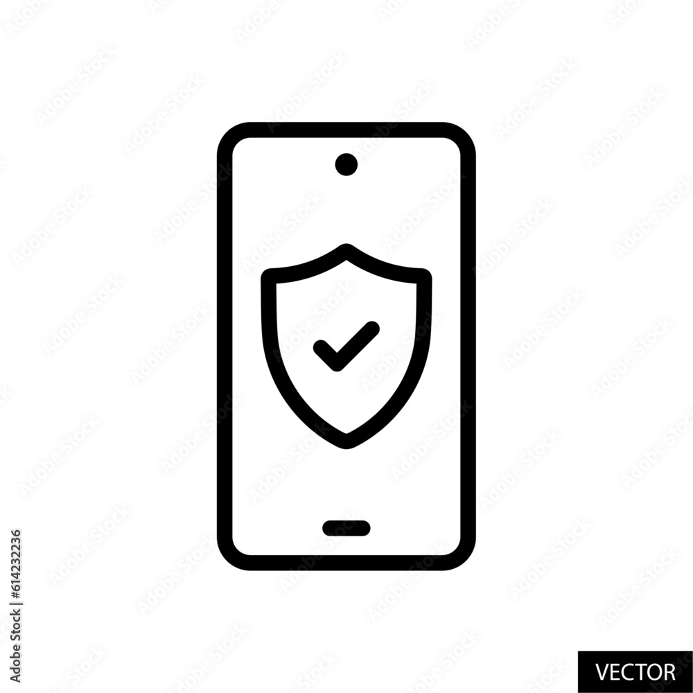 Poster smartphone with shield checkmark, mobile phone, cellphone data and network security concept icon in 