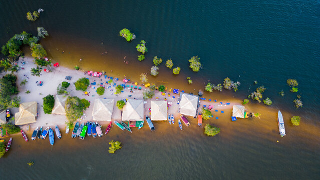 Aerial Drone Landscape in Alter Do Chao Brazil Santarem Ilha do Amor Love Island in Tapajos River Tropical Beach