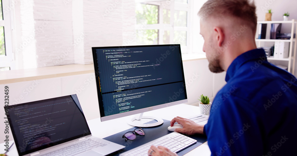Poster Computer Programmer Writing Program Code On Computer
