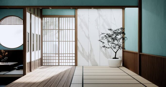 Japan style empty room decorated with white wall and wood slat wall. 3d rendering