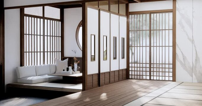 Japan style empty room decorated with white wall and wood slat wall. 3d rendering