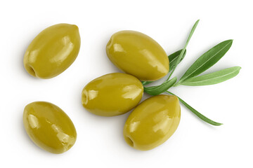 Green olives with leaves isolated on a white background with full depth of field. Top view. Flat lay