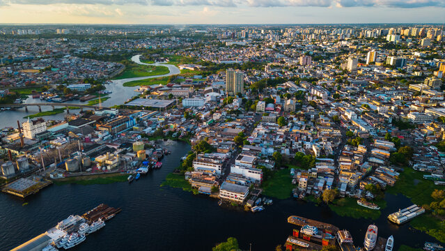 aerial view of Manaus Brazil cityscape with amazon rainforest and amazon river 