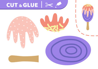 Purple stick. Ice cream. Cut and glue. Ice cream, glaze. Applique. Paper game. Vector