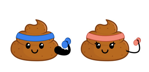 Sports poop with dumbbells. Character, icon, face. Kawaii cartoon vector